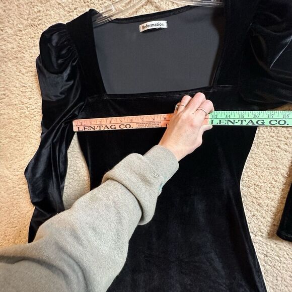 Reformation Lunar Square Neck Puff Sleeve Black Velvet Rebel Chic Mini Dress M - Picture 14 of 16